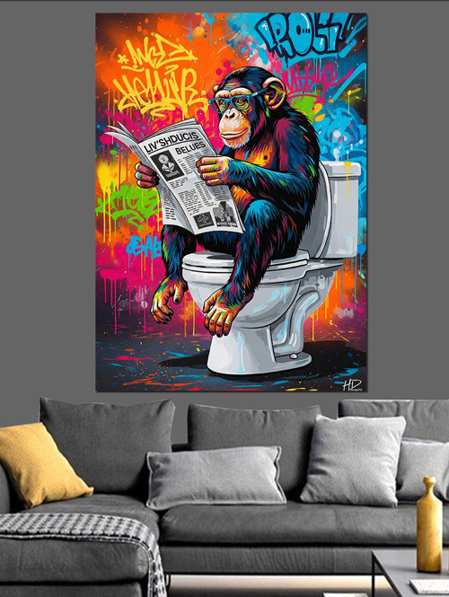 Klozette Gazete Okuyan Maymun Komik Pop Art Sanatı Dekoratif Kanvas - Mdf Ahşap Tablo