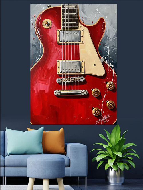 Kırmızı Elektro Gitar Resmi Dekoratif Kanvas - Mdf Ahşap Tablo
