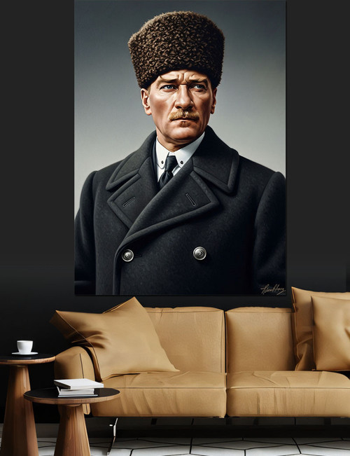 Siyah Kalpaklı Atatürk Portresi Dekoratif Kanvas - Mdf Ahşap Tablo