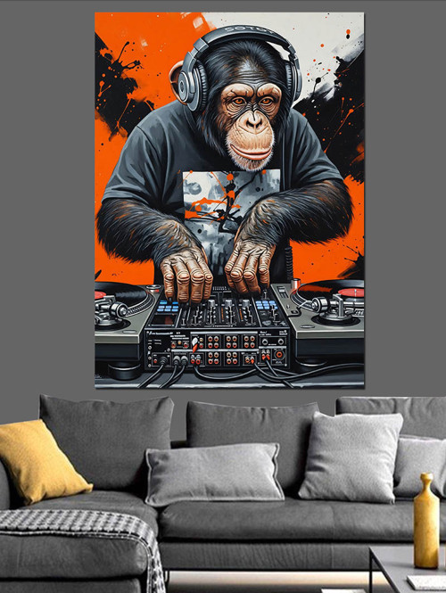Dj Kulaklıklı Maymun Çizimi Dekoratif Kanvas - Mdf Ahşap Tablo