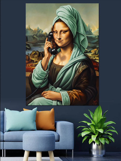 Telefonla Konuşan Mona Lisa Dekoratif Kanvas - Mdf Ahşap Tablo