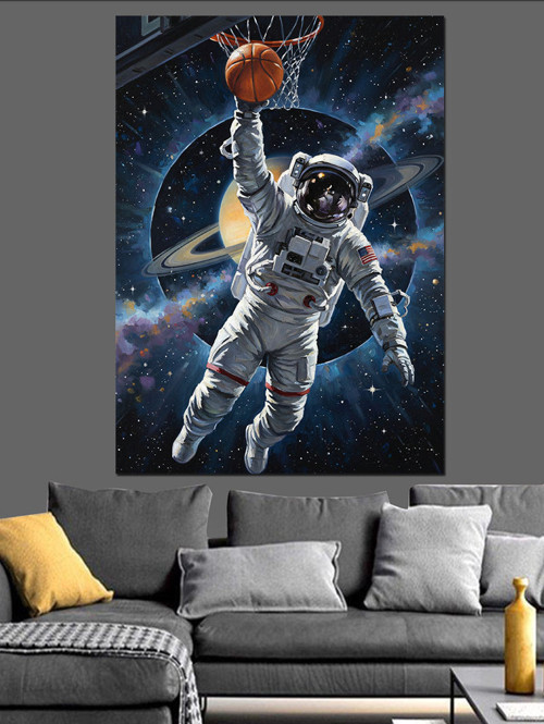 Uzayda Basketbol Oynayan Astronot Dekoratif Kanvas - Mdf Ahşap Tablo