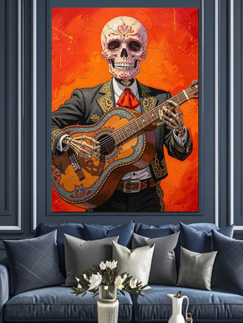 Gitar Çalan İskelet Mariachi Dekoratif Kanvas - Mdf Ahşap Tablo