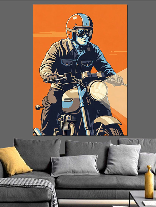 Motosiklet Süren Adam Retro Dekoratif Kanvas - Mdf Ahşap Tablo