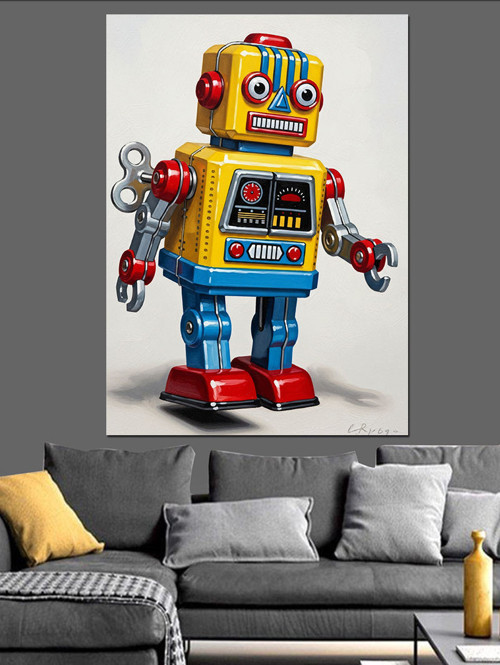 Renkli Teneke Oyuncak Robot Dekoratif Kanvas - Mdf Ahşap Tablo