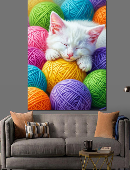 Yün Yumakları Ve Kedi Dekoratif Kanvas - Mdf Ahşap Tablo