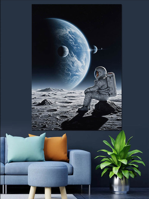 Ay Üzerinde Oturan Astronot Dekoratif Kanvas - Mdf Ahşap Tablo