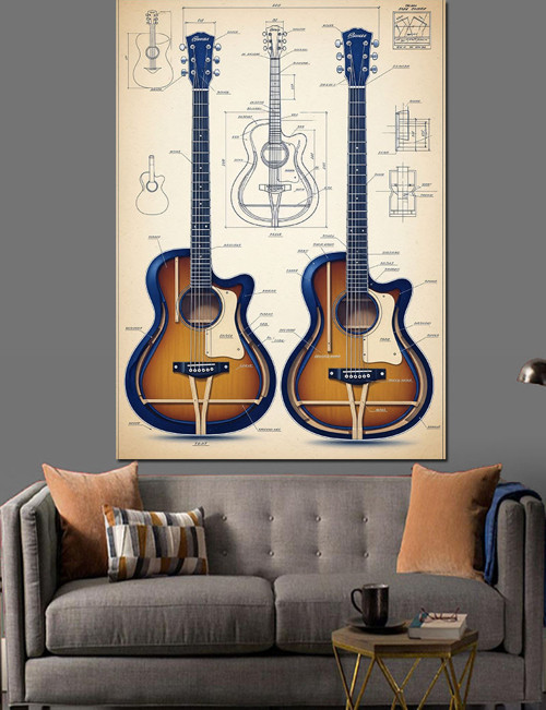 Akustik Gitar İllüstrasyon Çift Dekoratif Kanvas - Mdf Ahşap Tablo