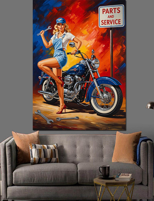 Motosikletli Pinup Kadın Çizimi Dekoratif Kanvas - Mdf Ahşap Tablo