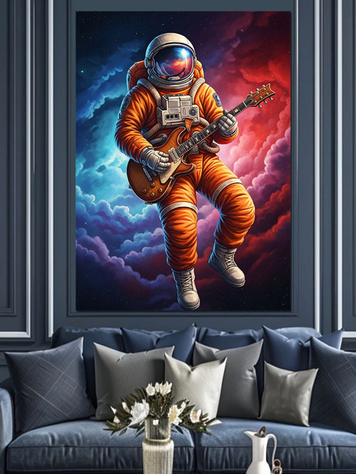 Gitar Çalan Astronot Çizimi Dekoratif Kanvas - Mdf Ahşap Tablo