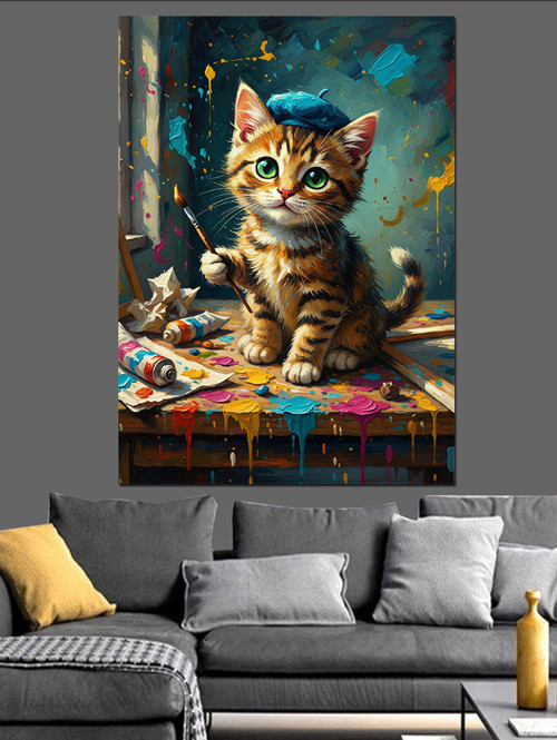 Ressam Kedi Sevimli Çizim Dekoratif Kanvas - Mdf Ahşap Tablo