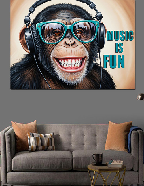 Kulaklıklı Eğlenen Maymun Portresi "Music İs Fun" Dekoratif Kanvas - Mdf Ahşap Tablo