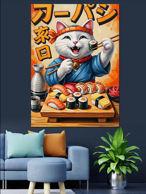 Sushi Yiyen Şans Kedisi Dekoratif Kanvas - Mdf Ahşap Tablo