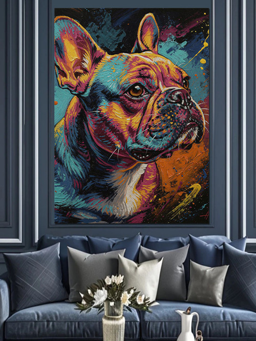 Renkli Fransız Bulldog Portresi Dekoratif Kanvas - Mdf Ahşap Tablo