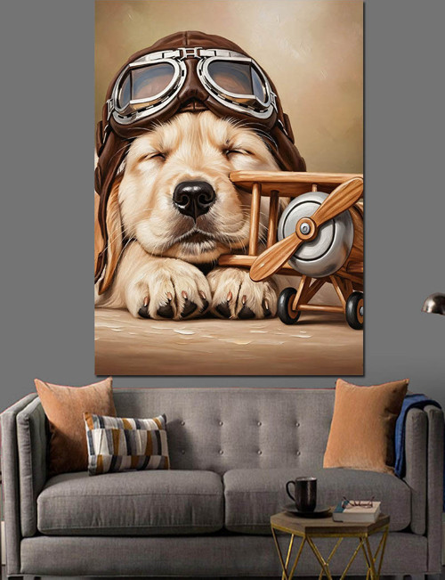 Pilot Şapkalı Köpek Yavrusu Dekoratif Kanvas - Mdf Ahşap Tablo