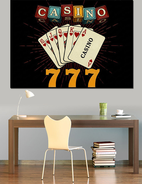 Poker Kartları Kumarhane Işıkları Dekoratif Kanvas - Mdf Ahşap Tablo