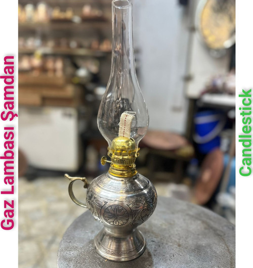 Bakır Gaz Lambası Şamdan Dekoratif Antik Bakır Osmanlı Gaz Lambası Portatif Nostaljik Gaz Lambası