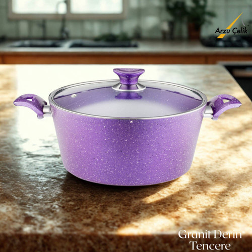 28 Cm Granit Derin Tencere Cam Kapak - Violet