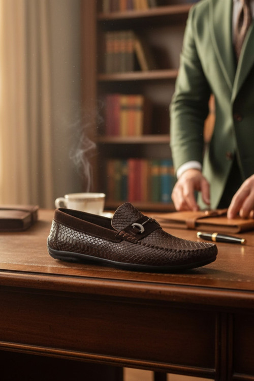 Enoch Hakiki Deri Yılan Baskılı ve Süet Detaylı Erkek Comfort Loafer