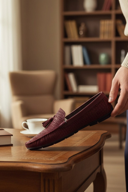 Enoch Hakiki Deri Bordo Kroko Desenli Püsküllü Erkek Comfort Loafer