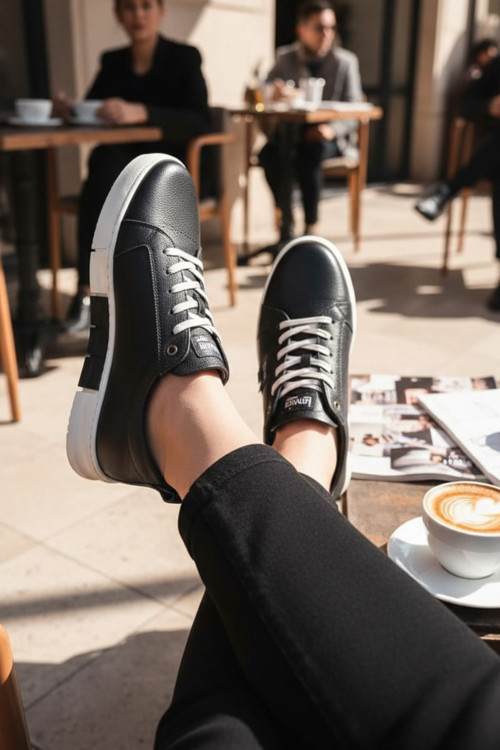 Enoch Hakiki Deri Siyah Bağcıklı Beyaz Tabanlı Erkek Comfort Sneaker