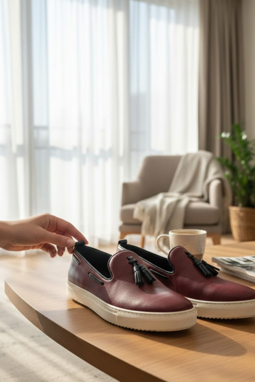 Enoch Hakiki Deri Bordo Püskül Detaylı Beyaz Tabanlı Erkek Comfort Loafer