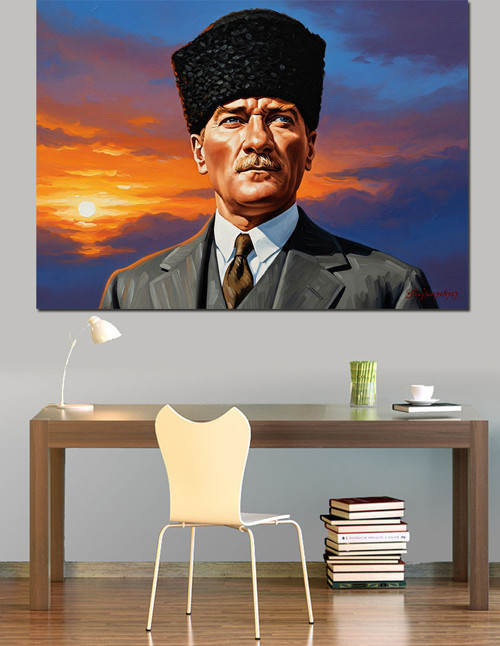 Kalpak Başlıklı Atatürk Portresi Ve Gün Batımı Dekoratif Kanvas - Mdf Ahşap Tablo