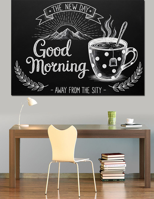 "Good Morning" Kahve Afişi Siyah Beyaz Dekoratif Kanvas - Mdf Ahşap Tablo