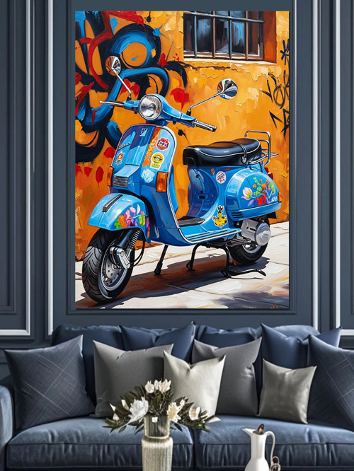 Mavi Scooter Graffiti Duvar Dekoratif Kanvas - Mdf Ahşap Tablo