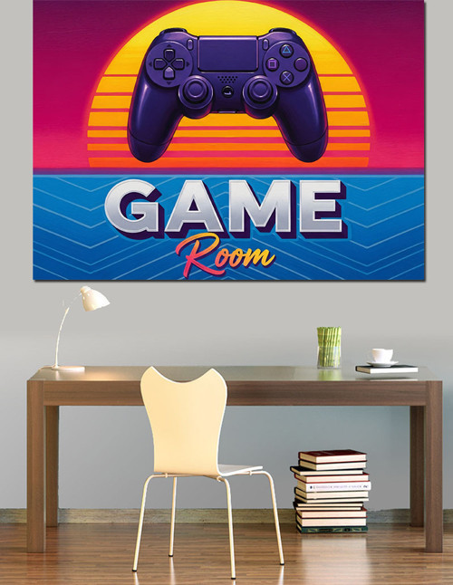 Neon Pembe Mavi"Game Room" Oyun Konsolu Dekoratif Kanvas - Mdf Ahşap Tablo