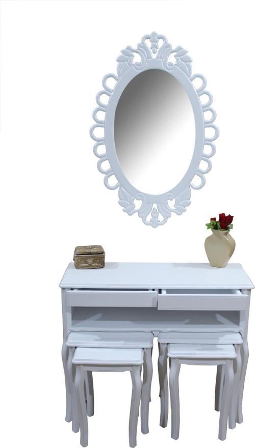 Dresuar-Zigon 14609 Takım ASLAN Model Kayın Oyma Beyaz Nakış OVAL ayna El Yapım
