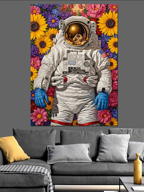 Çiçek Tarlasında Astronot Resmi Dekoratif Kanvas - Mdf Ahşap Tablo