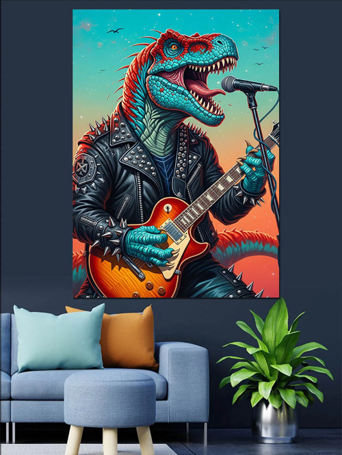Gitar Çalan Yeşil Dinozor Dekoratif Kanvas - Mdf Ahşap Tablo