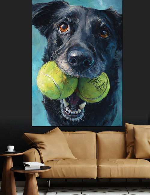 Tenis Topları Tutan Köpek Portresi Dekoratif Kanvas - Mdf Ahşap Tablo