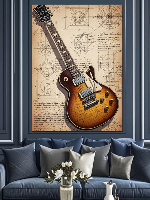 Elektro Gitar Teknik Çizim Dekoratif Kanvas - Mdf Ahşap Tablo