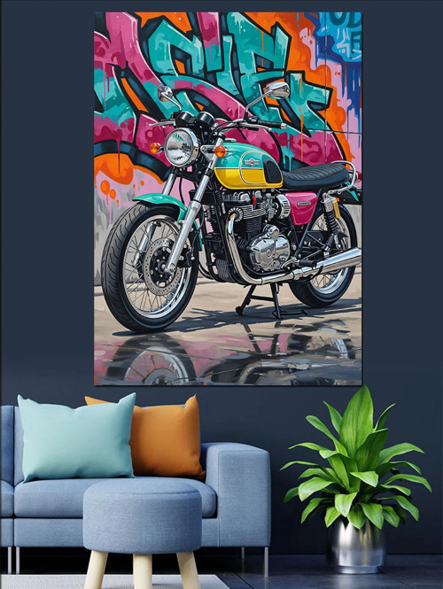 Graffiti Desenli Motosiklet Çizimi Dekoratif Kanvas - Mdf Ahşap Tablo