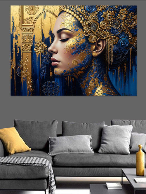 Dore Altın Ve Lacivert Renk Süslemeli Nefertiti Portresi Modern Sanat Dekoratif Kanvas - Mdf Ahşap Tablo