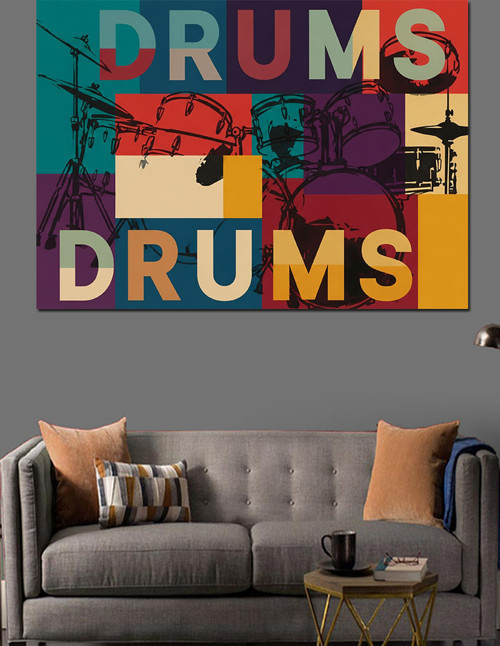 Renkli "Drums Drums" Yazılı Bateri Afişi Dekoratif Kanvas - Mdf Ahşap Tablo
