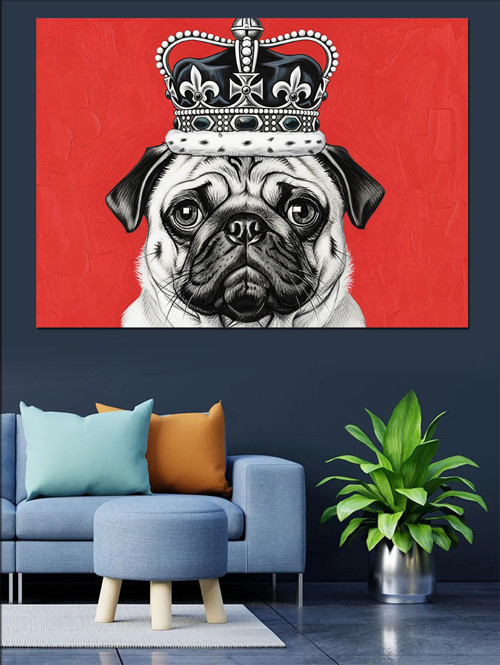 Siyah Beyaz Kraliyet Taçlı Pug Köpek Kırmızı Fon Dekoratif Kanvas - Mdf Ahşap Tablo