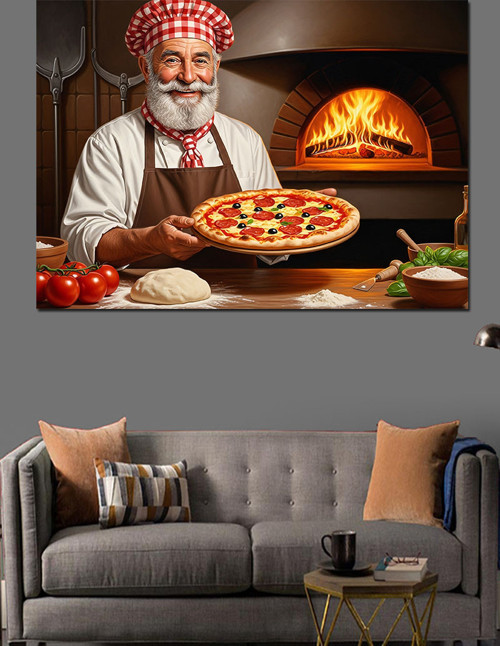 Şapkalı Şef Pizza Pişiriyor Dekoratif Kanvas - Mdf Ahşap Tablo