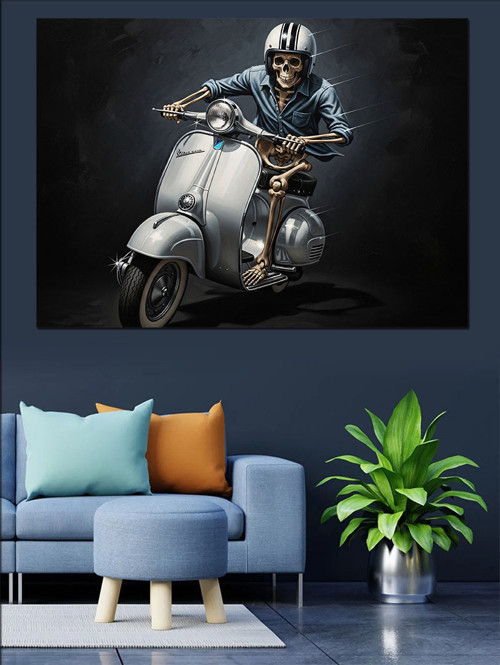 Scooter Süren Adam Siyah Dekoratif Kanvas - Mdf Ahşap Tablo