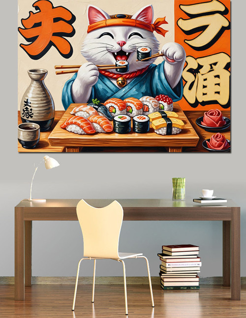 Sushi Yiyen Japon Kedisi Dekoratif Kanvas - Mdf Ahşap Tablo