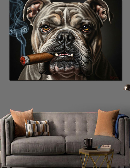 Puro İçen Bulldog Köpek Portresi Dekoratif Kanvas - Mdf Ahşap Tablo