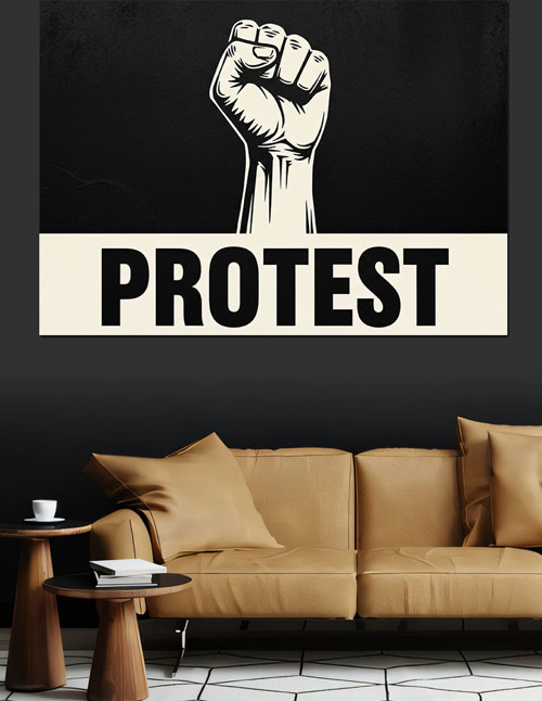 Yumruk "Protest" Yazısı İllüstrasyon Siyah Beyaz Dekoratif Kanvas - Mdf Ahşap Tablo