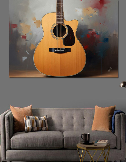 Telli Ahşap Akustik Gitar Dekoratif Kanvas - Mdf Ahşap Tablo