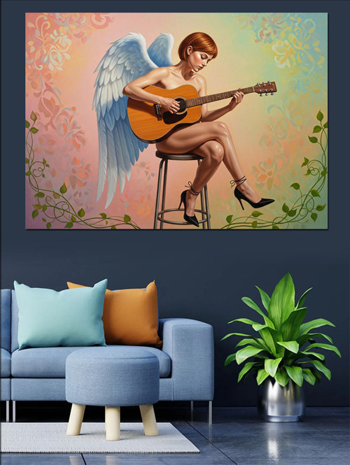 Melek Kanatlı Gitar Çalan Dekoratif Kanvas - Mdf Ahşap Tablo