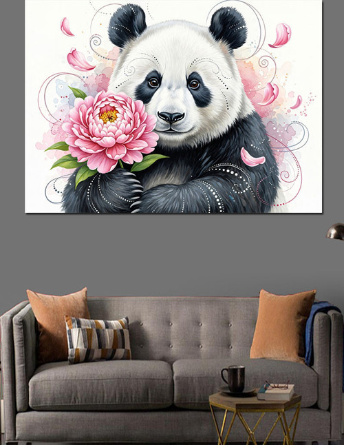Pembe Gül Tutan Panda Dekoratif Kanvas - Mdf Ahşap Tablo