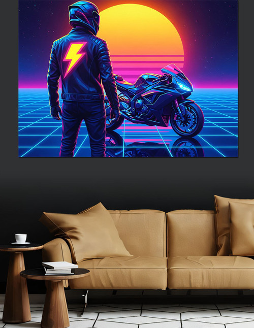 Motorsiklet Neon Işık Dekoratif Kanvas - Mdf Ahşap Tablo