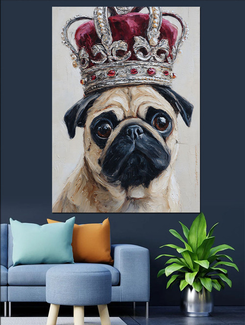 Taç Takan Pug Köpek Dekoratif Kanvas - Mdf Ahşap Tablo