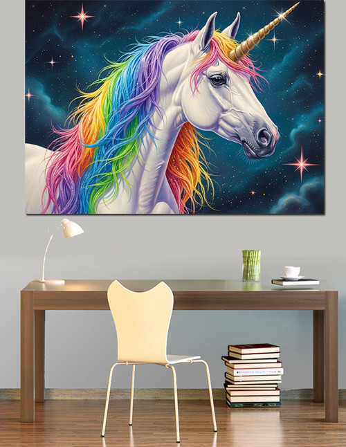 Uzayda Renkli Tekboynuzlu Unicorn At Dekoratif Kanvas - Mdf Ahşap Tablo